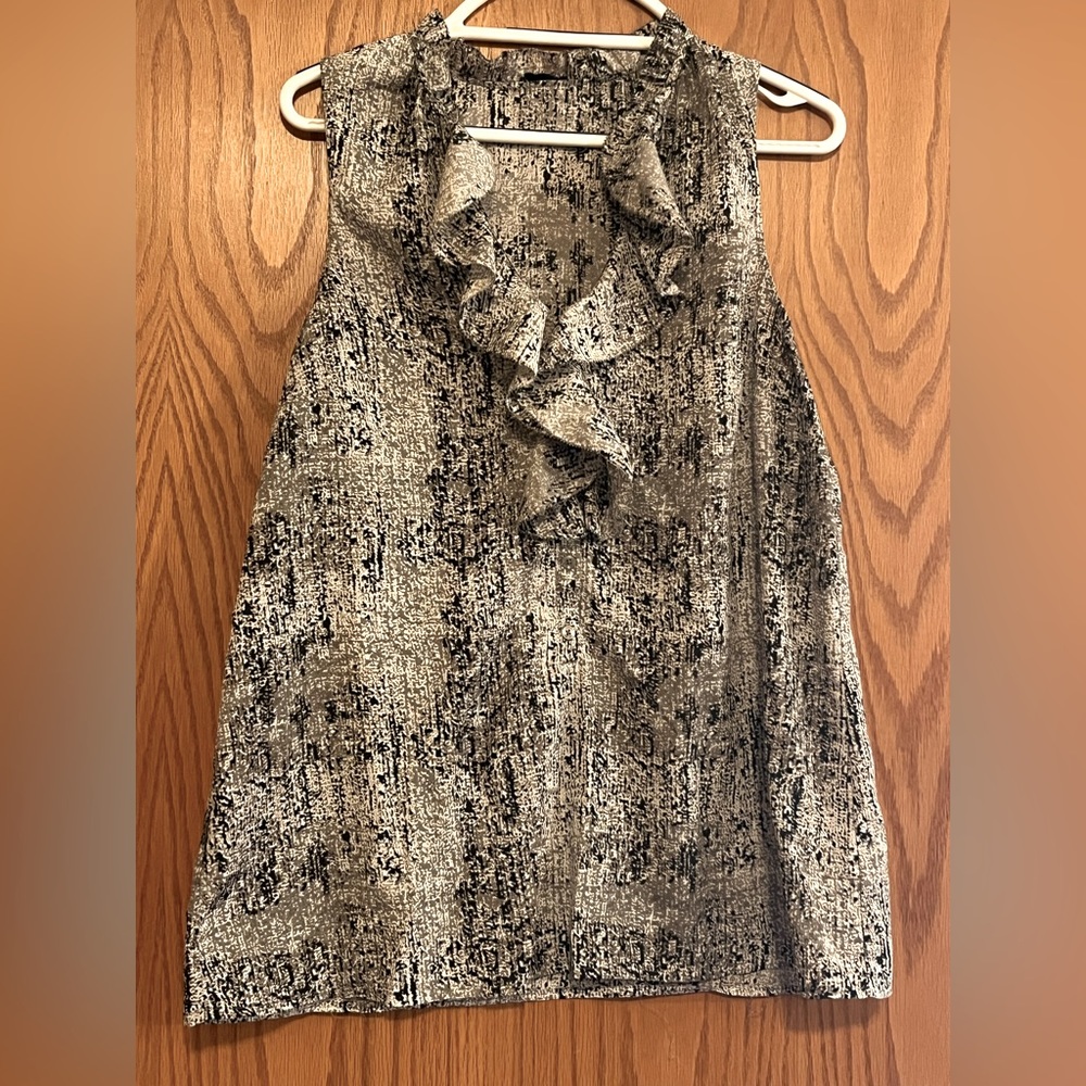Polyester button down tank top blouse, 2X, white, black, grey, brown, ruffles